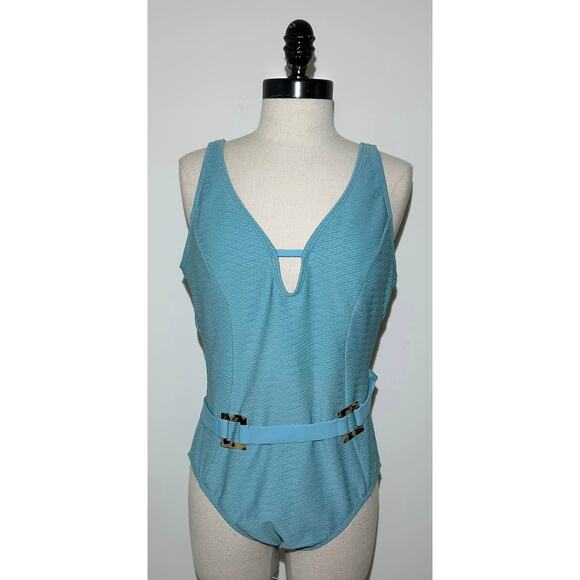 AMBRIELLE Teal Belted One Piece Swimsuit w/ Belt Lined Beach Pool Womens XL - Picture 1 of 7